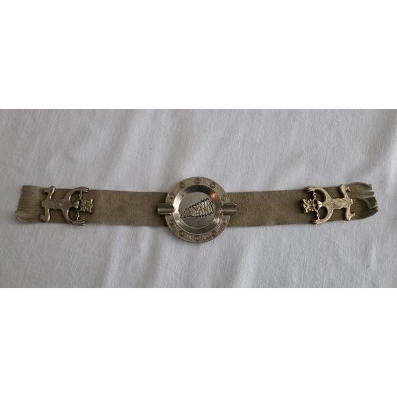 Rare Vintage Over Armchair Pewter Ashtray Weighted Leather Straps Native Western - Picture 2 of 8